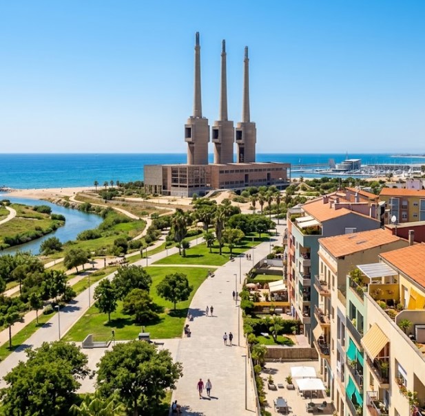 Vistas del Parc Fluvial del Besòs, Les Tres Xemeneies y el entorno urbano de Sant Adrià de Besòs en Barcelona